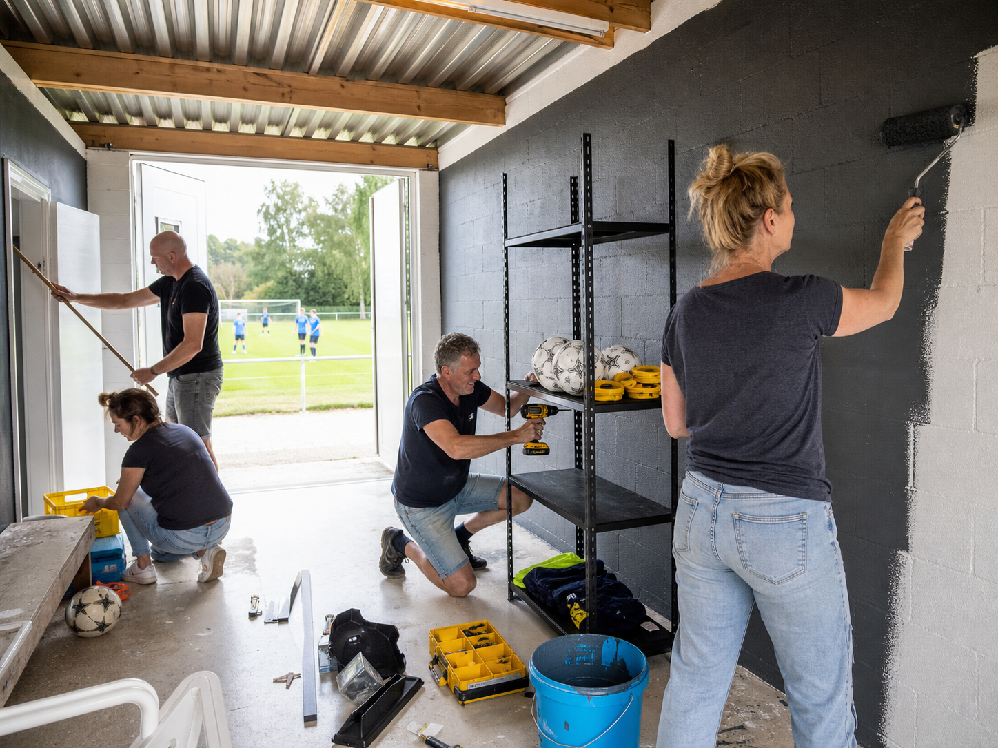 Vrijwilligers vernieuwen een materiaalruimte bij het voetbalveld