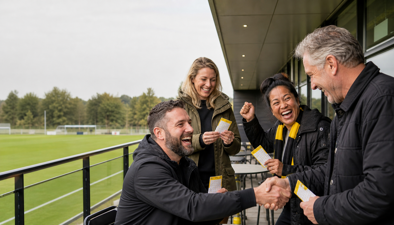 Volwassen clubleden vieren samen een winnend lot bij het voetbalveld